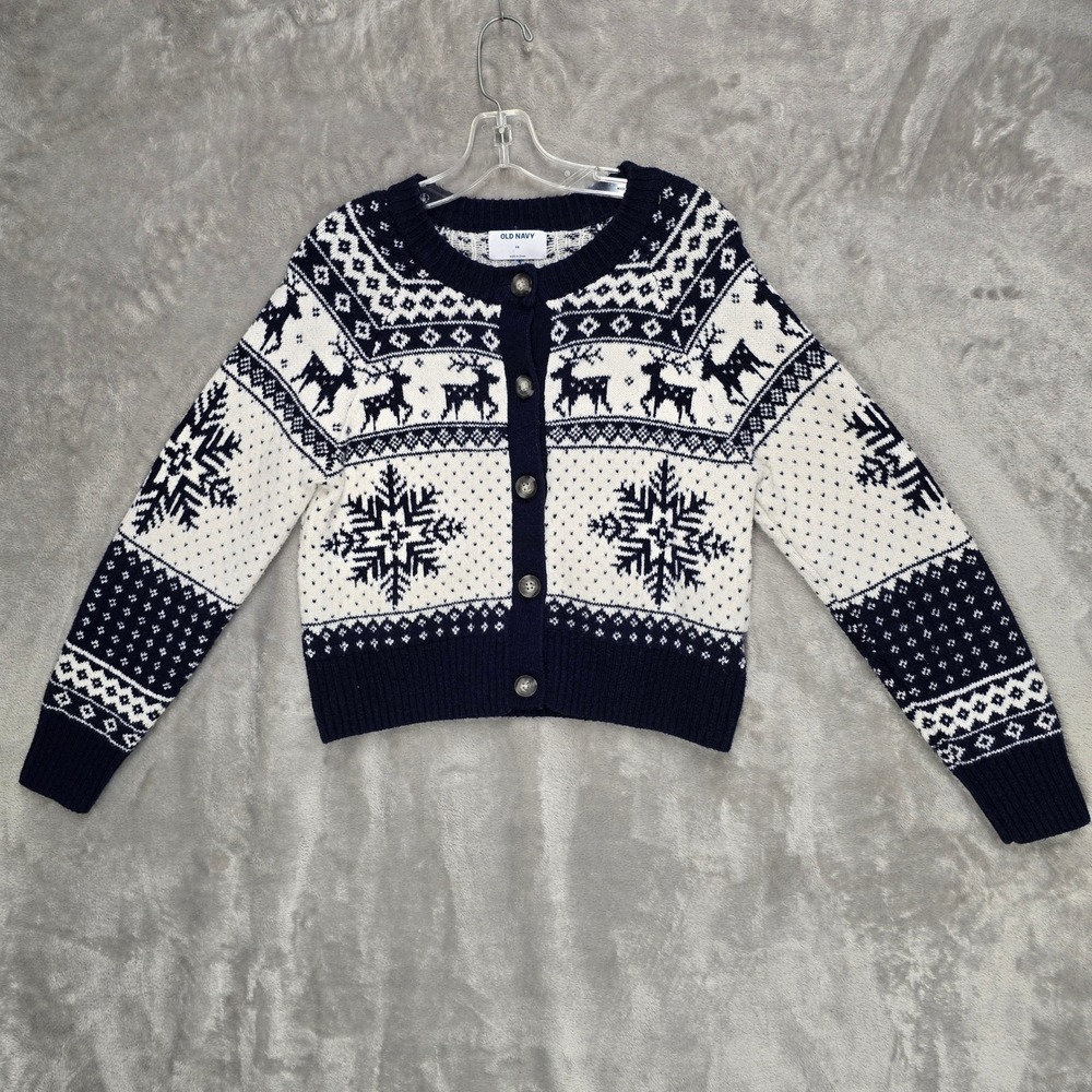 Old Navy Cardigan Sweater Womens XS Navy Fair Isle Reindeer Snowflake Birds Eye
